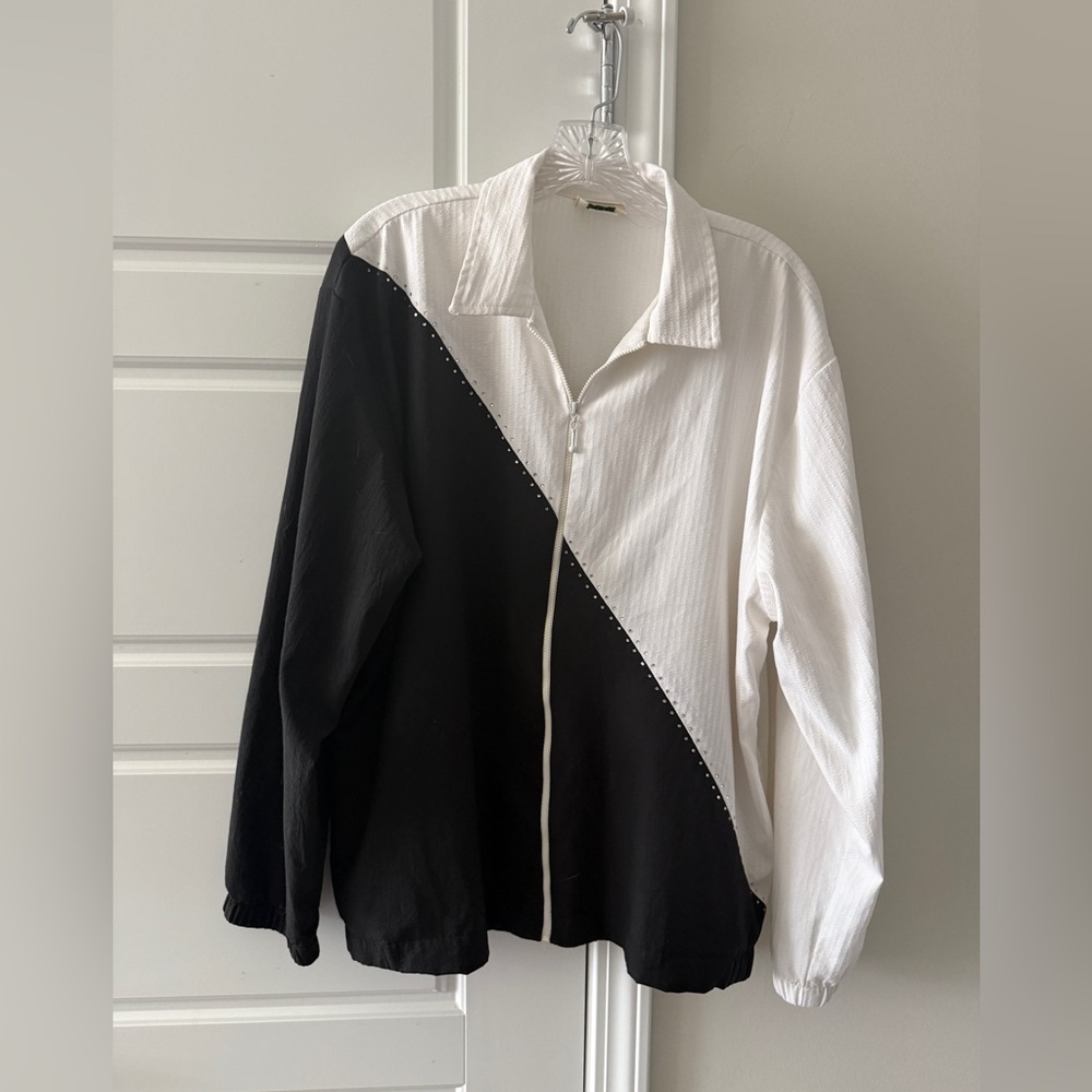 Vintage 90s Colorblock Track Jacket Black White Rhinestone L/XL - Picture 2 of 6